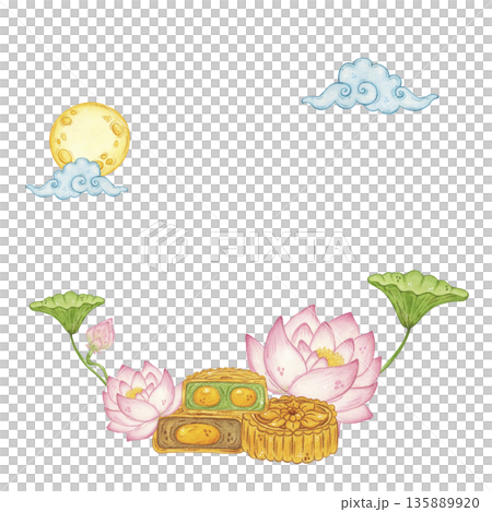 A composition of mooncakes, lotus flowers, buds, leaves, moon, and clouds. Hand-drawn watercolor illustration, cartoon. Design for stickers, posters, cards, scrapbooking. Mid-Autumn Day, Asia A composition of mooncakes, lotus flowers, buds, leaves, moon, and clouds. Hand-drawn watercolor illustration, cartoon. Design for stickers, posters, cards, scrapbooking. Mid-Autumn Day, Asia 135889920