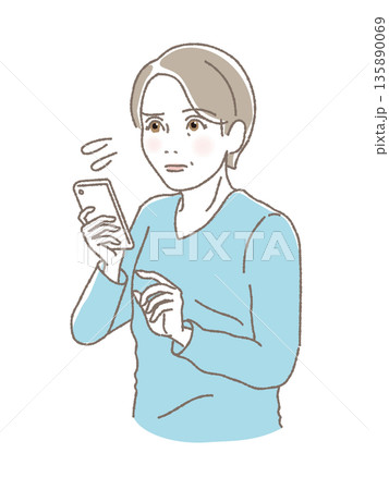 スマホの操作に困るシニア女性・不安な表情の中高年・デジタルへの悩み・資産運用の不安・ベクターイラスト スマホの操作に困るシニア女性・不安な表情の中高年・デジタルへの悩み・資産運用の不安・ベクターイラスト 135890069