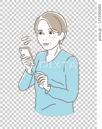 スマホの操作に困るシニア女性・不安な表情の中高年・デジタルへの悩み・資産運用の不安・ベクターイラスト スマホの操作に困るシニア女性・不安な表情の中高年・デジタルへの悩み・資産運用の不安・ベクターイラスト 135890069