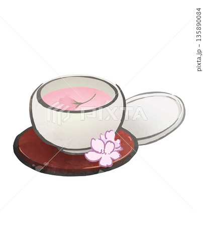 桜茶と湯呑み 春のお祝いを感じる和風イラスト 桜茶と湯呑み 春のお祝いを感じる和風イラスト 135890084
