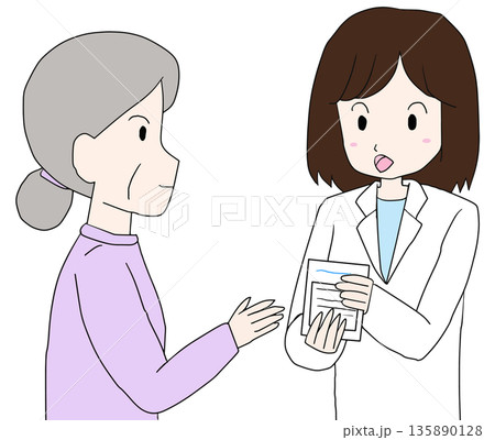 高齢者に服薬説明をする薬剤師のイラスト 高齢者に服薬説明をする薬剤師のイラスト 135890128