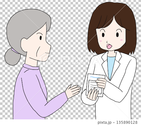 高齢者に服薬説明をする薬剤師のイラスト 高齢者に服薬説明をする薬剤師のイラスト 135890128