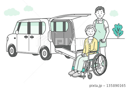 介護施設に送迎される高齢女性と男性介護士と福祉車両のイラスト（2c 135890165