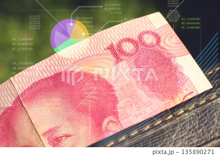 Close-up of a 100 Yuan banknote with a holographic financial data overlay 135890271