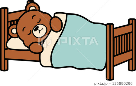 Sleeping Teddy Bear in Bed Cartoon Illustration 135890296