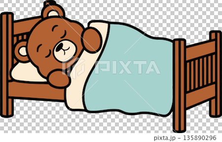 Sleeping Teddy Bear in Bed Cartoon Illustration 135890296