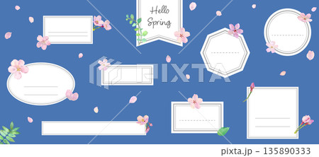 春の桜のメッセージカード風　デザインフレームセット　ベクターイラスト　コピースペース　タイトル 135890333