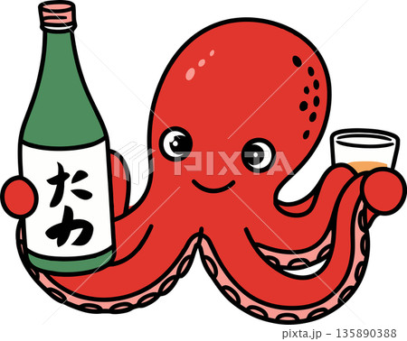 Octopus Holding Sake Bottle and Glass Cartoon Illustration 135890388
