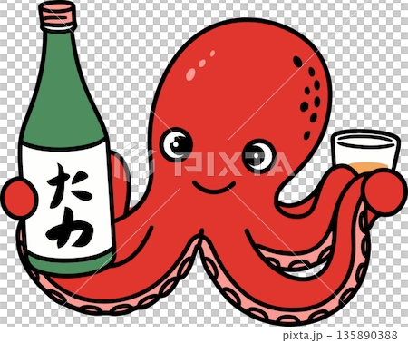 Octopus Holding Sake Bottle and Glass Cartoon Illustration 135890388