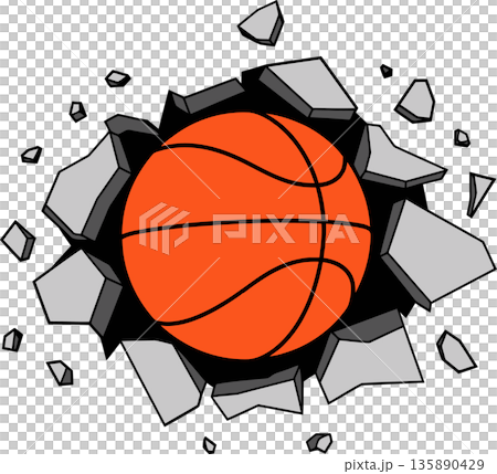 Basketball Crashing Through Wall Cartoon Illustration 135890429
