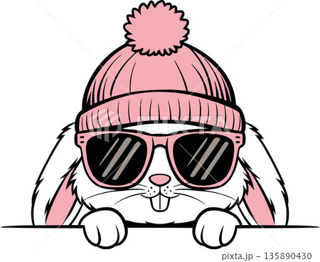 Rabbit in Pink Hat and Sunglasses Peeking Cartoon Illustration Rabbit in Pink Hat and Sunglasses Peeking Cartoon Illustration 135890430