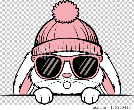 Rabbit in Pink Hat and Sunglasses Peeking Cartoon Illustration Rabbit in Pink Hat and Sunglasses Peeking Cartoon Illustration 135890430