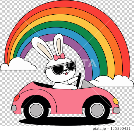 Rabbit in Pink Convertible Under Rainbow...のイラスト素材 [135890431] - PIXTA