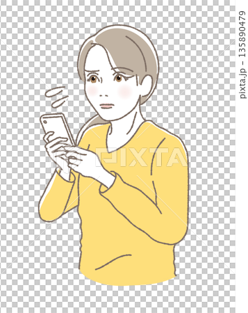 一位母親雙手拿著智慧型手機，焦慮地看著螢幕，她是一位三十多歲或四十多歲的年輕母親，正在操持家務，為育兒而擔憂。向量圖 135890479