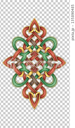 Traditional Celtic Knot Symbolizing Eternity, Luck, and Connection, with Red, Green, and Golden Colors, Isolated on White Background 135890485
