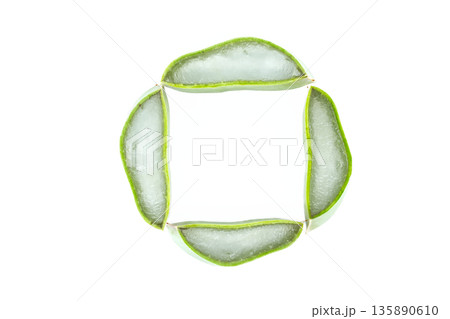 Fresh aloe vera slices arranged in a square frame on a white background 135890610