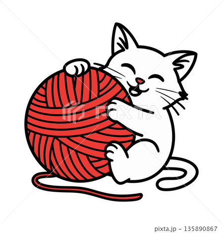 White Cat Hugging Red Yarn Ball Cartoon Illustration White Cat Hugging Red Yarn Ball Cartoon Illustration 135890867