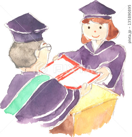 博士課程の卒業式の水彩イラスト　ベクター 135890895