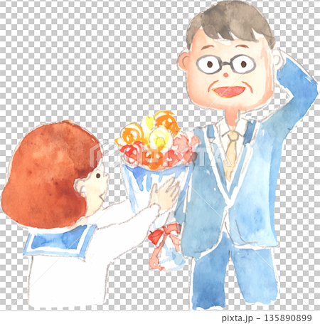 Vector illustration of a child giving a bouquet of flowers to his teacher 135890899