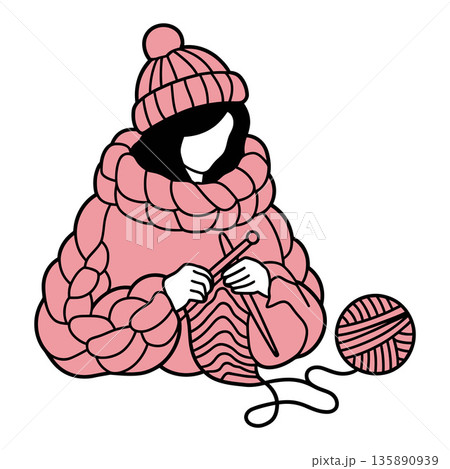 Girl Knitting in Pink Sweater and Hat Cartoon Illustration 135890939