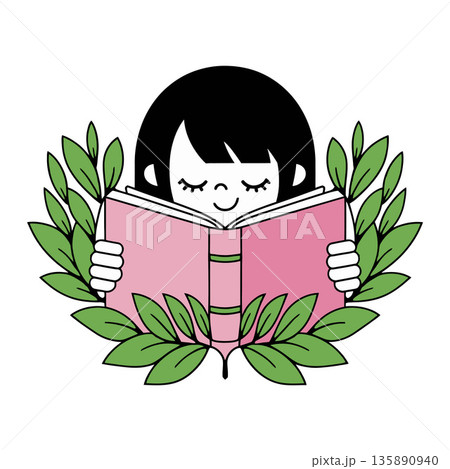 Girl Reading Pink Book with Leaf Wreath Cartoon Illustration 135890940