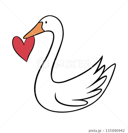 White Swan Holding Red Heart Cartoon Illustration 135890942