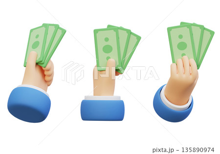 3D cartoon hand clutching multiple banknotes for financial concept 135890974