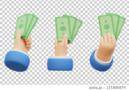 3D cartoon hand clutching multiple banknotes for financial concept 135890974