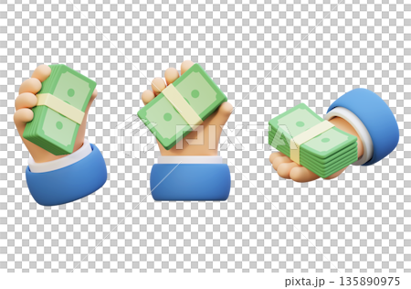 3D hand holding a thick stack of cash in claymorphism style 135890975