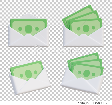 3D white paper envelope filled with cash banknotes in cartoon style  135890976