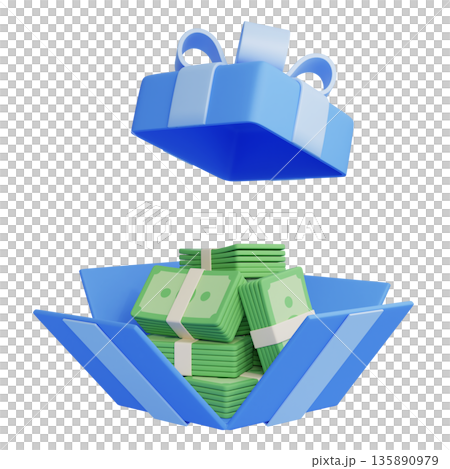 3D cartoon gift box overflowing with bundles of money 135890979