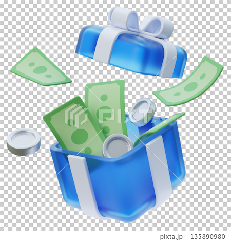 3D pop out gift box with banknotes and coins cartoon style 135890980