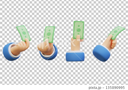 3D rendering of a hand holding a single banknote in cartoon clay style 135890995