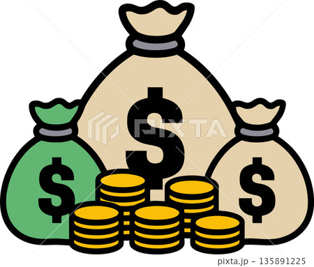 Money Bags and Gold Coin Stacks 135891225