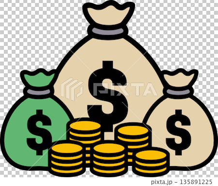Money Bags and Gold Coin Stacks 135891225
