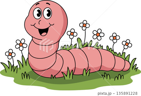 Smiling Earthworm on Flowered Grass Patch Smiling Earthworm on Flowered Grass Patch 135891228