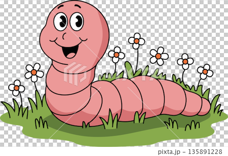 Smiling Earthworm on Flowered Grass Patch Smiling Earthworm on Flowered Grass Patch 135891228