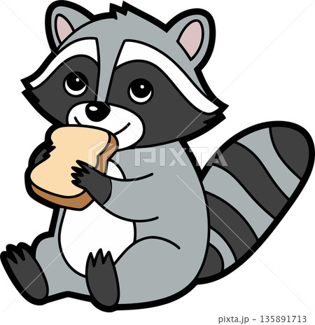 Cartoon Raccoon Eating Slice of Bread 135891713