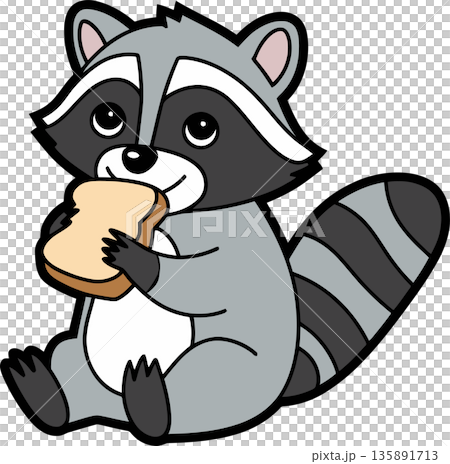 Cartoon Raccoon Eating Slice of Bread 135891713