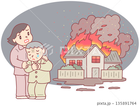 火災のイラスト - 深夜の家屋火災事故 火災のイラスト - 深夜の家屋火災事故 135891764