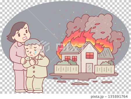火災插圖 - 深夜房屋火災事故 135891764