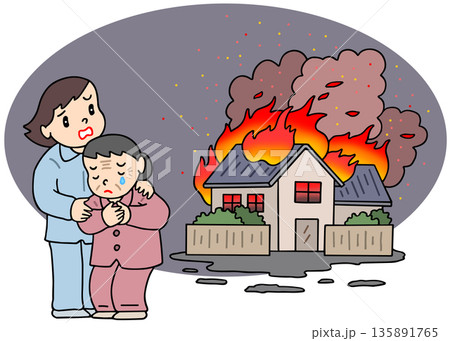 火災のイラスト - 深夜の家屋火災事故 135891765