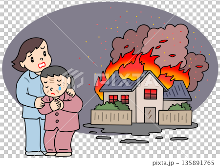 火災のイラスト - 深夜の家屋火災事故 135891765