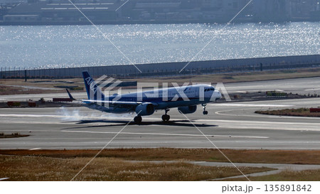 羽田空港に着陸するANA機とタイヤ煙 135891842