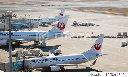 羽田空港に整列するJALの旅客機群 135891843