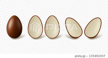 Vector 3d Chocolate Egg Set with Multiple Angles. Whole and Half Shell Candy Mockup, Isolated. Sweet Dessert Template for Easter, Packaging and Branding Design 135891937