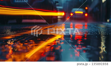 The rhythmic flow of car light trails reflecting off the slick pavement enhancing the moody ambiance of a rainy night 135891938