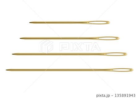 Vector 3d Realistic Yellow Sewing Needles Set in Four Sizes. Large Eye Hand Stitching and Darning Needles Isolated. Tailoring Embroidery Needle Kit for Craft and Repair 135891943