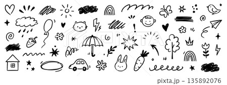Kid icon line cute element set. Kid icon sketch with line outline and hand drawn art on paper cloud, flower, house background. Childish children cartoon play rainbow, heart, sun. Vector 135892076
