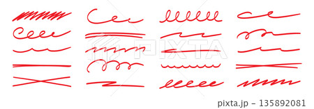 Red brush stroke underline collection. Marker pen highlight stroke pack. Vector swoosh brush underline set for accent, marker emphasis element. Vector 135892081